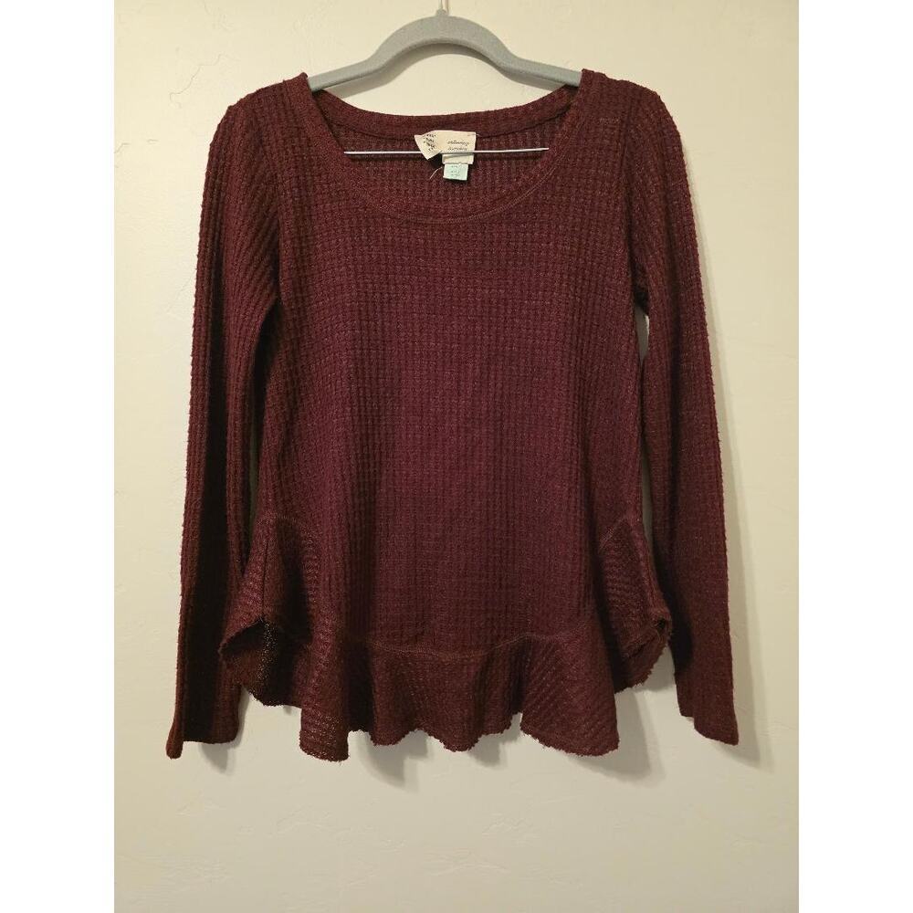 Anthro Saturday Sunday Waffle Knit Peplum Top Burgundy Cozy Soft Girl XXSP